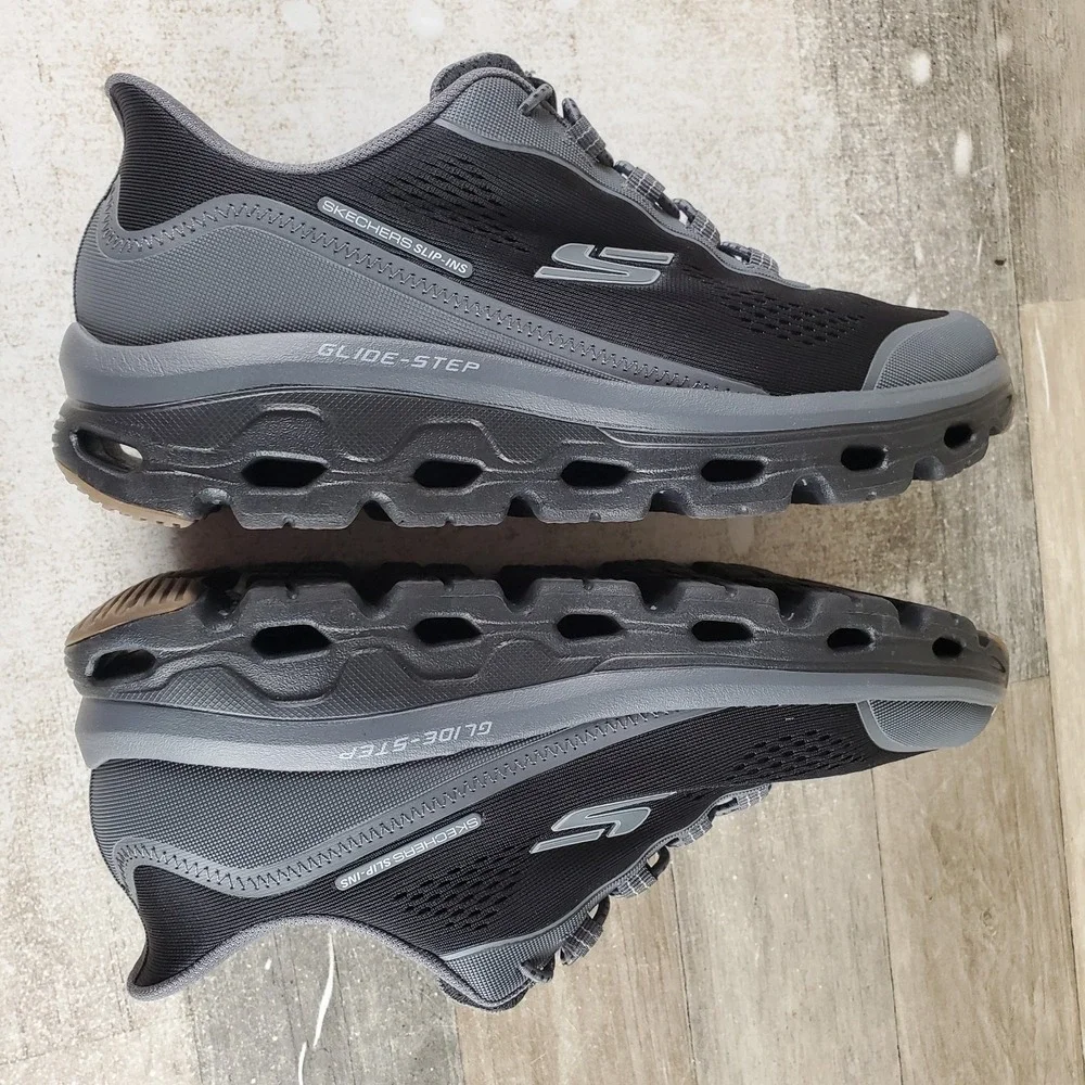 Skechers Glide Step Mens Hiking Shoes Sz 8.5 Black Charcoal Mesh Lace Up Sneaker